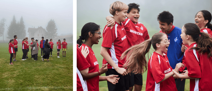 A bunch of kids on a soccer field.