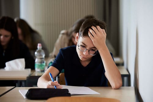 A boy student in a class concentrate hard on a task