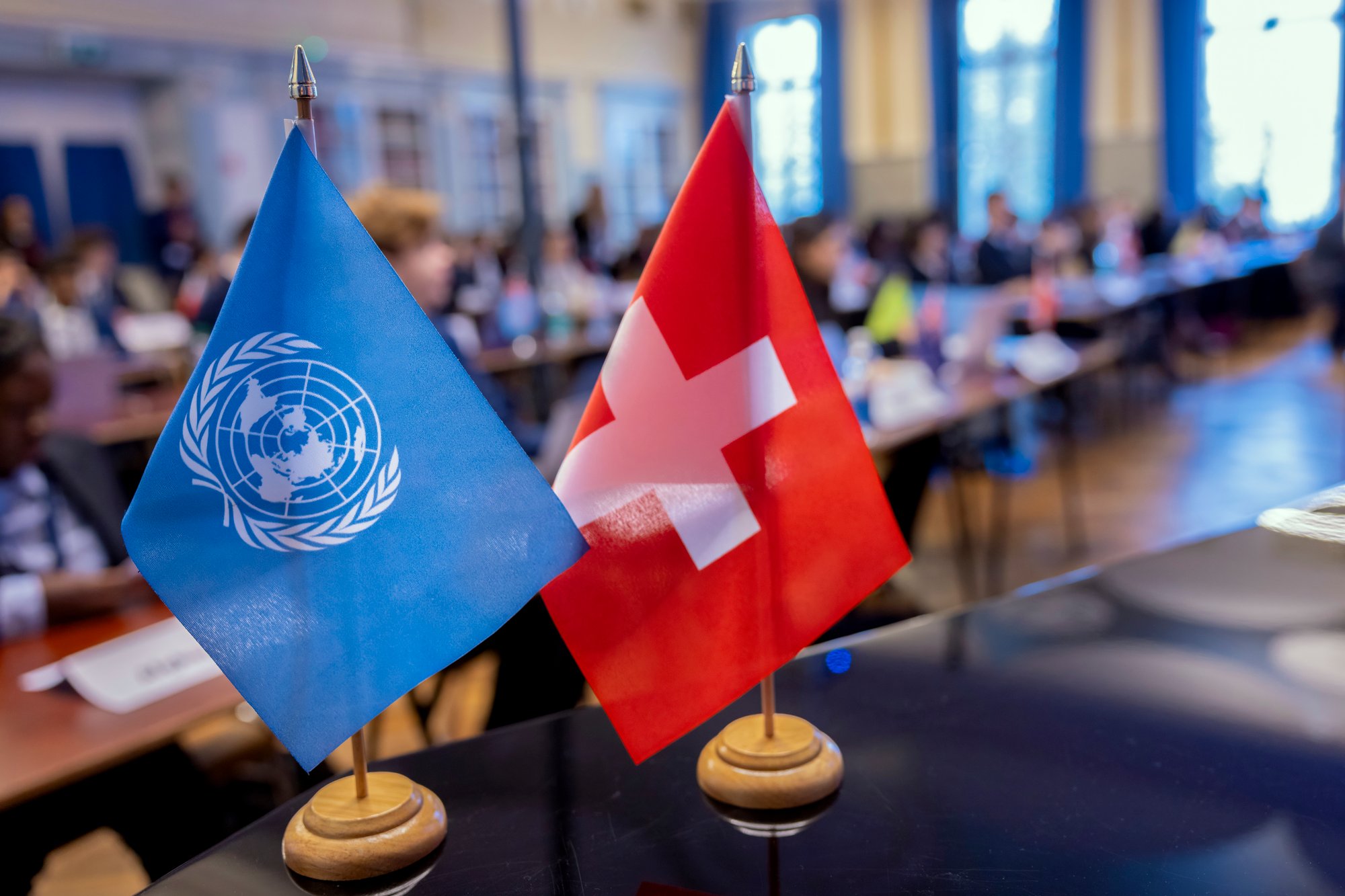 Nahaufnahme einer Flagge der Model United Nations und der Schweiz.