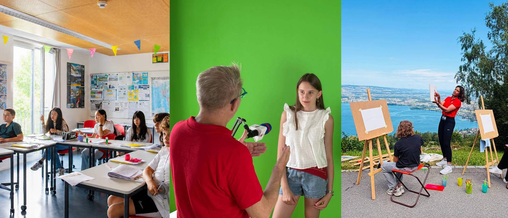 Three photos of children in class, studio and outdoor.