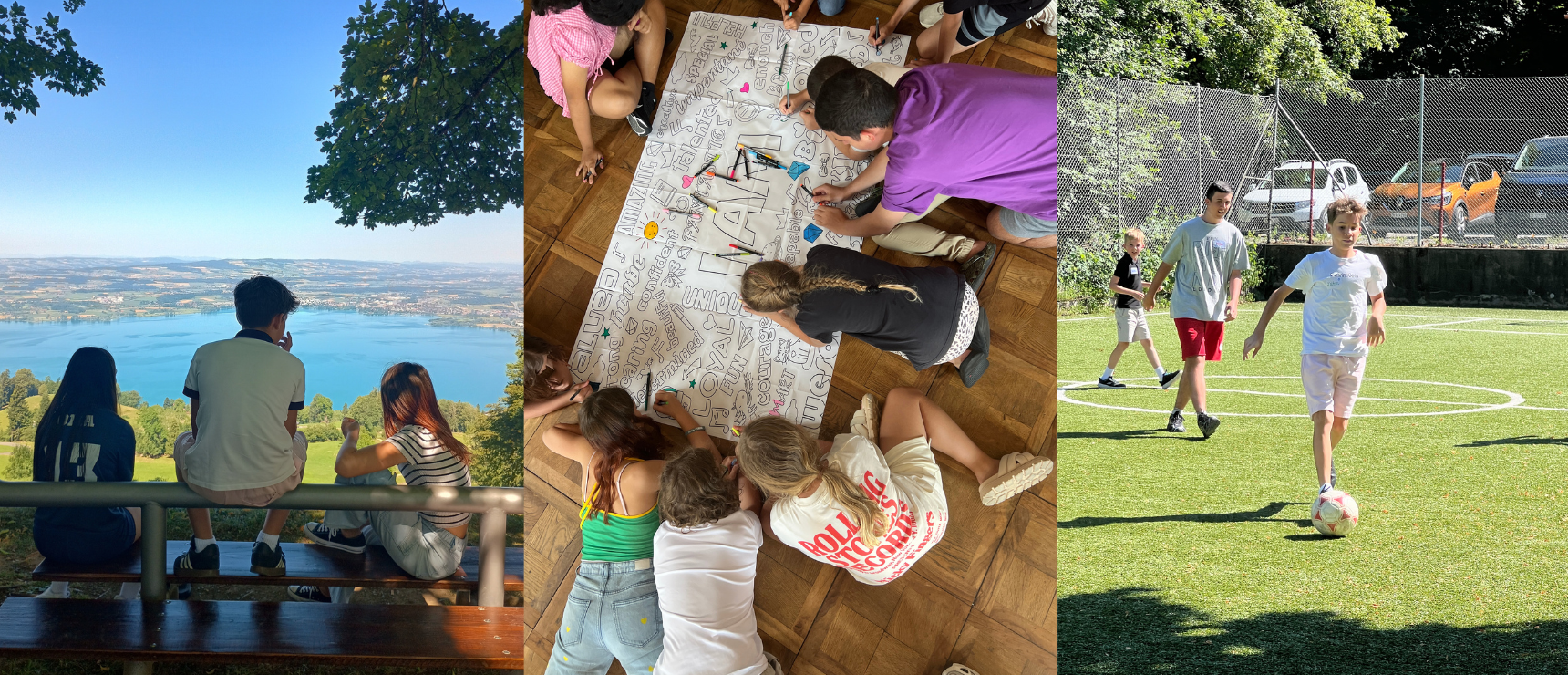 Three photos of children in outdoor, on a floor and soccer field.
