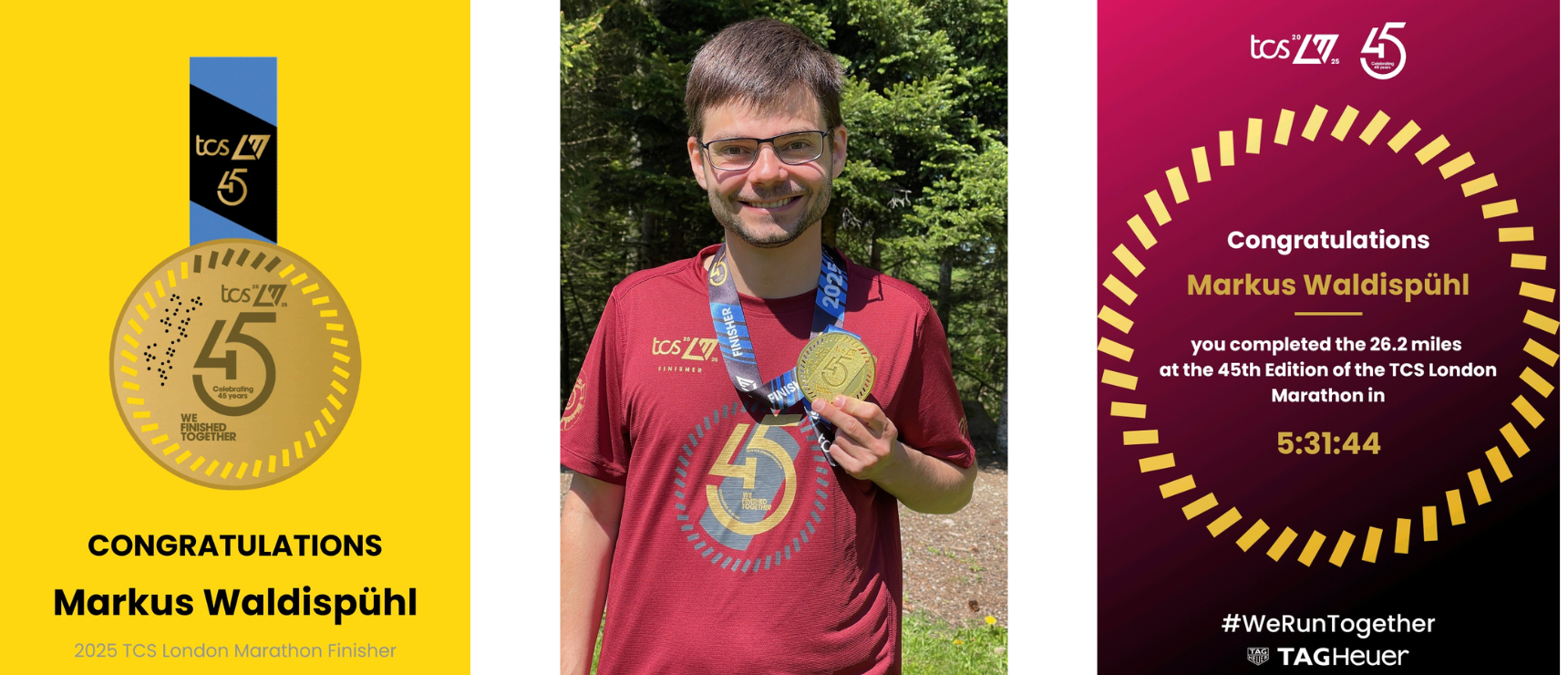 Three photos of marathon award and the runner.