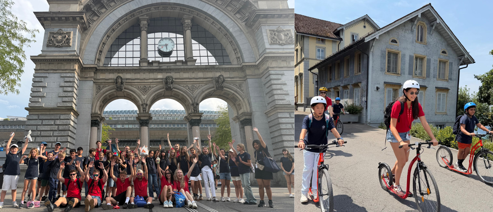 Two photos of group shot and people riding e-scooter.